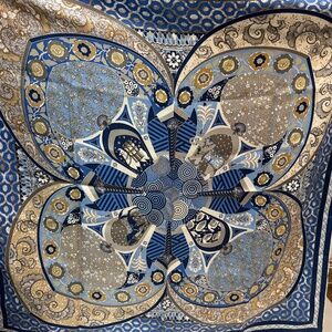 Vintage Salvatore Ferragamo Silk Scarf- Blue & Gold Tapestry Print